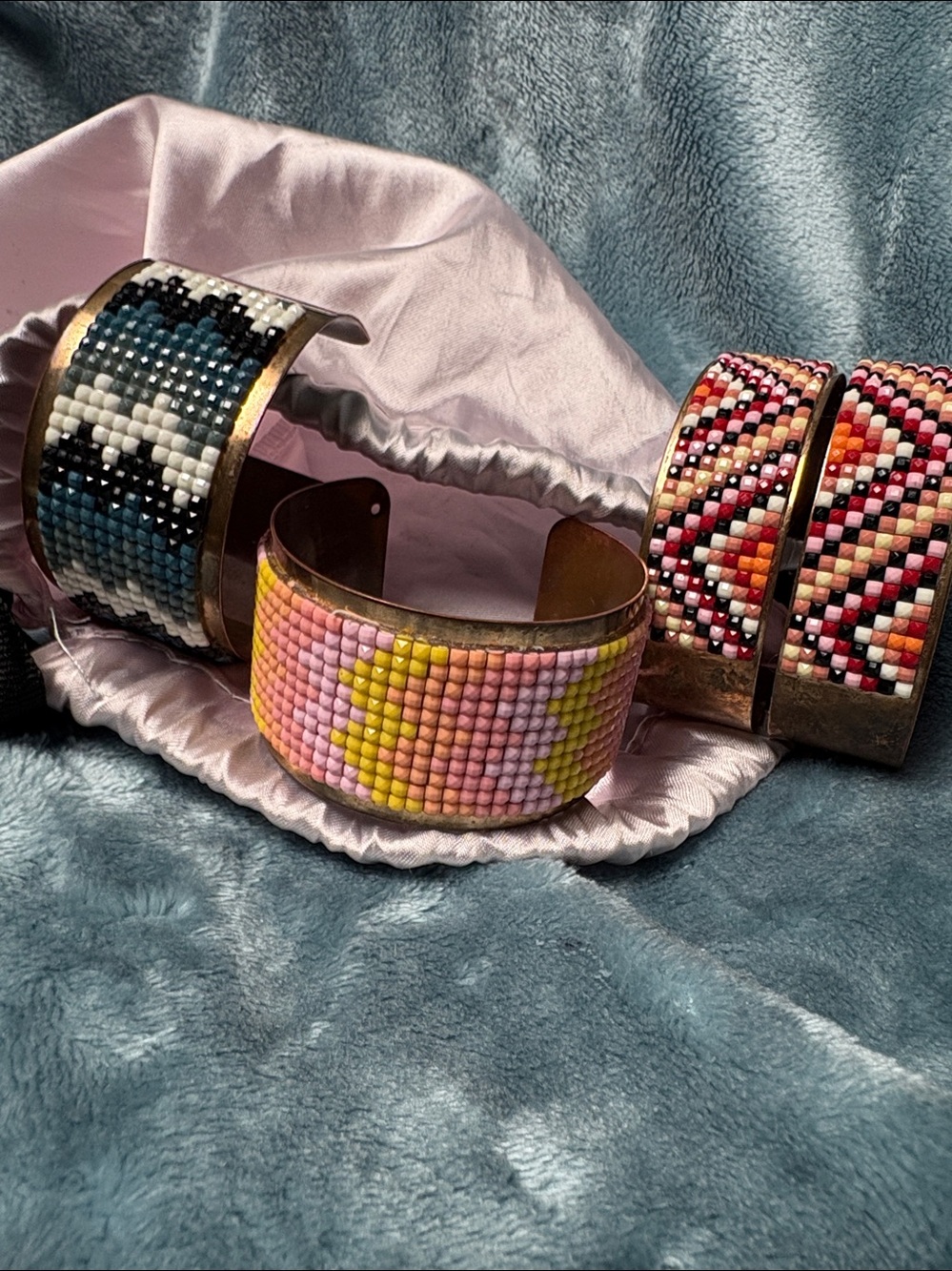 BRASSY Cuff Bracelets SET OF 3 Originals in BLUE - RED - PINK Bead designs!